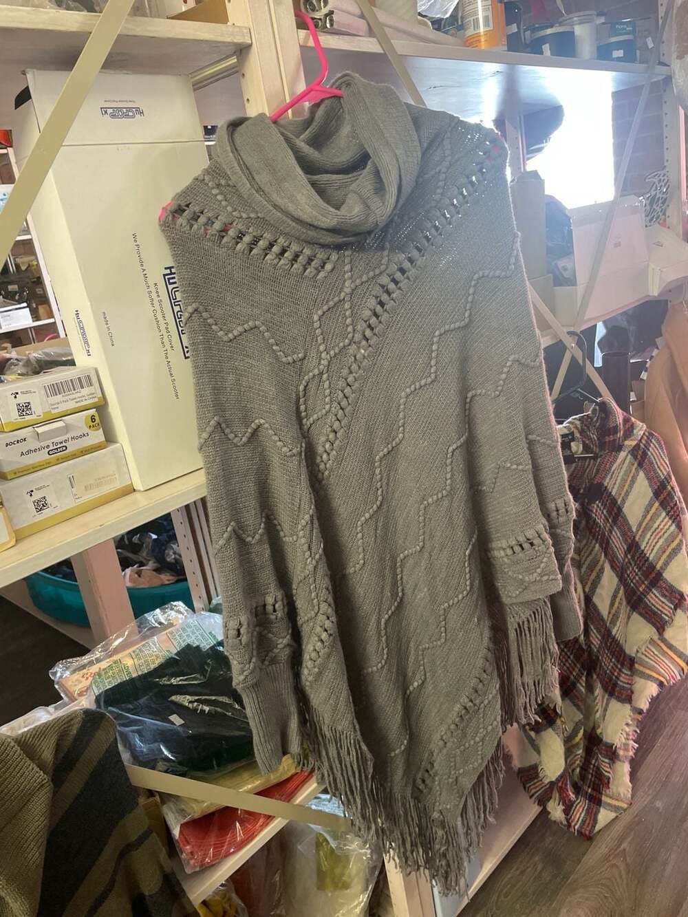 Marleylilly Gray Cowl Neck Knit Poncho Sweater with Fringe